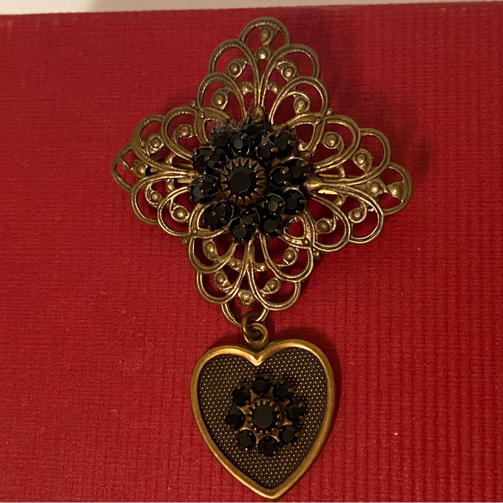 Liz Palacios Brooch Pin Bronze Filigree Dangling Heart Black Crystals Art Deco